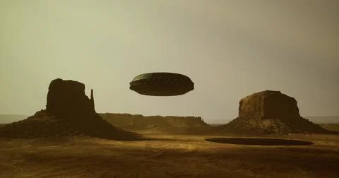 UFO hovering over desert landscape with rock formations in the distance Stock Illustration