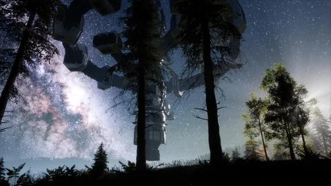 UFO Hovering over Forest Stock Illustration