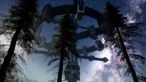 UFO Hovering over Forest Stock Illustration