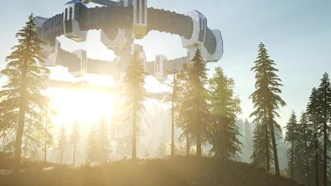 UFO Hovering over Forest Stock Illustration