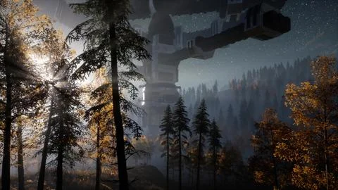 UFO hovering over a forest at night with light beam Stock Illustration