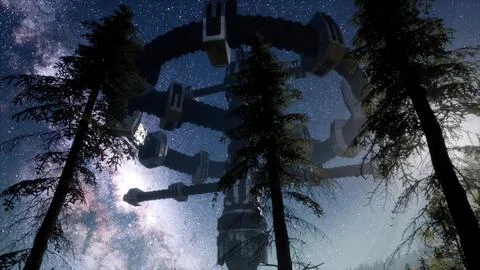 UFO hovering over a forest at night with light beam Ilustração Stock