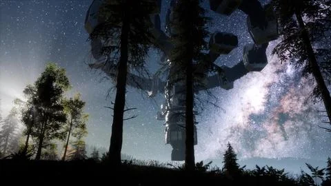 UFO hovering over a forest at night with light beam Stock Illustration