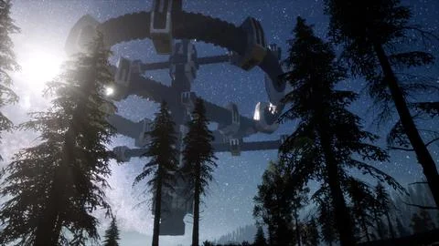 UFO hovering over a forest at night Ilustração Stock