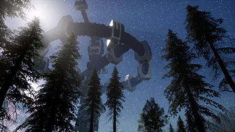 UFO hovering over a forest at night Stock Illustration