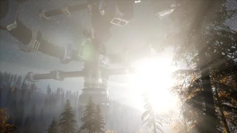 UFO hovering over a forest at night with light beam Stock Illustration