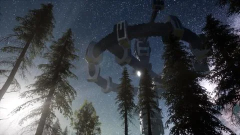 UFO hovering over a forest at night Stock Illustration
