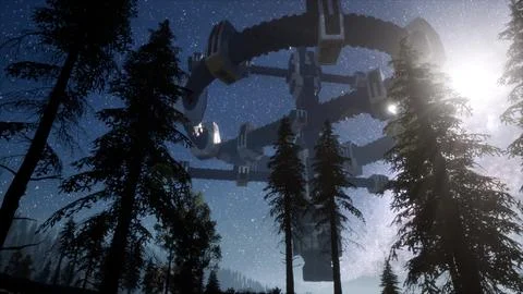 UFO hovering over a forest at night Stock Illustration