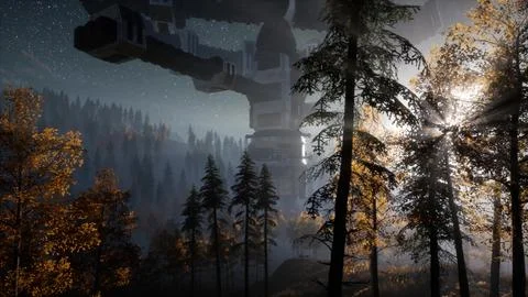 UFO hovering over a forest at night with light beam Stock Illustration