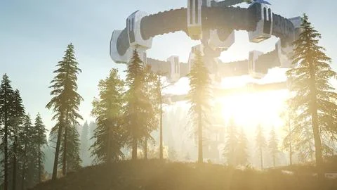 UFO hovering over a forest at sunset with light beam Stock Illustration
