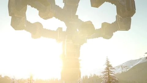 UFO hovering over a forest at sunset with light beam Stock Illustration