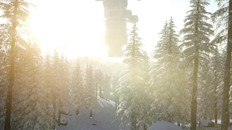 UFO hovering over a forest at sunset Stock Illustration