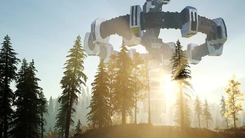 UFO hovering over a forest at sunset with light beam Stock Illustration