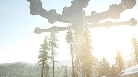 UFO hovering over a forest at sunset with light beam Stock Illustration
