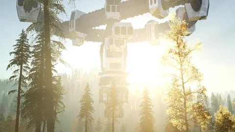 UFO hovering over a forest at sunset with light beam Stock Illustration