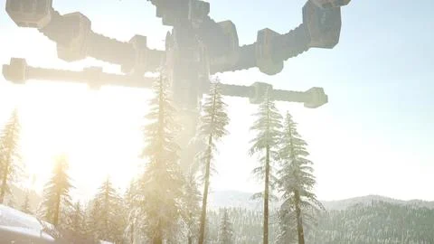 UFO hovering over a forest at sunset with light beam Stock Illustration