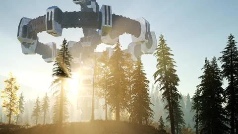 UFO hovering over a forest at sunset with light beam Stock Illustration