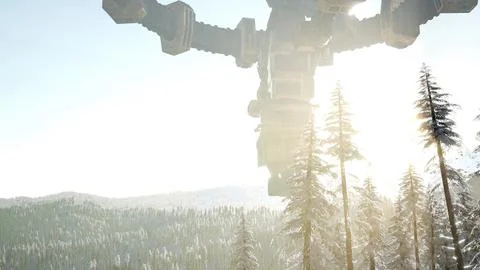 UFO hovering over a forest at sunset with light beam Stock Illustration