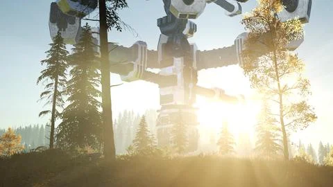 UFO hovering over a forest at sunset Stock Illustration