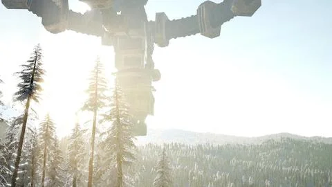UFO hovering over a forest at sunset with light beam Stock Illustration