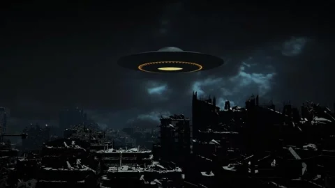 UFO Hovering Over a Post-Apocalyptic City at Night Stock Footage 305846511