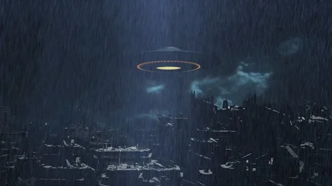 UFO Hovering Over a Rain-Soaked Post-Apocalyptic City Stock Footage 305846594