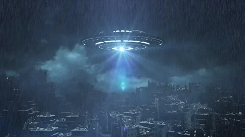 UFO Invasion Over a Post-Apocalyptic City in the rain Stock Footage 305846261