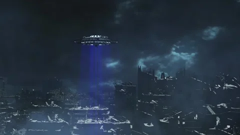 UFO Invasion Over a Post-Apocalyptic City with Blue Energy Beams Stock Footage 305846563