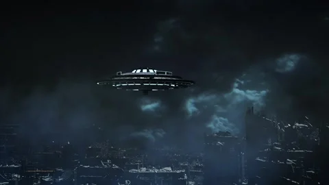 UFO Invasion Over a Post-Apocalyptic City Stock Footage 305846672