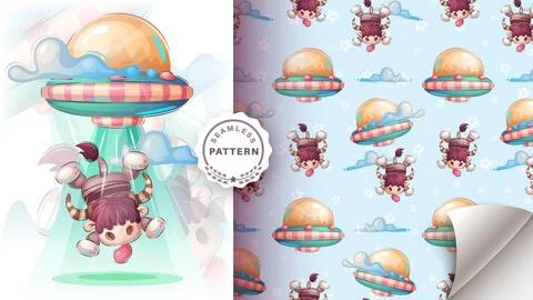 UFO kidnaps a cow - seamless pattern Stock Illustration