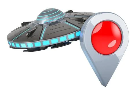 UFO mit Kartenzeiger. 3D-Rendering UFO with map pointer. 3D rendering isol... 库存照片