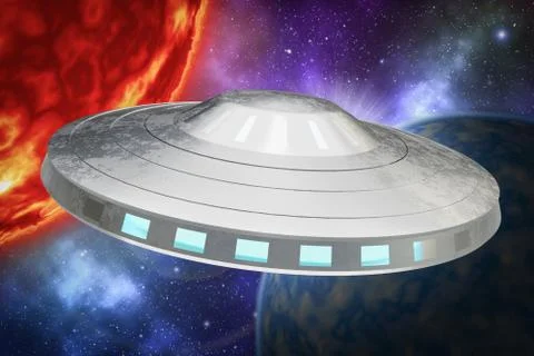 UFO or alien spaceship in space. 3D rendered illustration. Stock Illustration