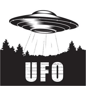 UFO over forest, alien space ship with ray of light, extraterrestrial flying Stock Illustration