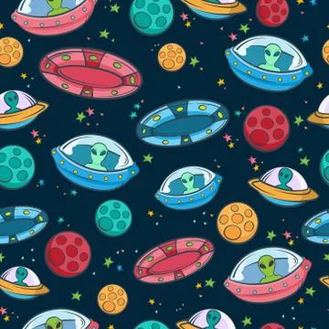 UFO pattern seamless. Space colored ships with green aliens mysterious stars Illustrazione stock