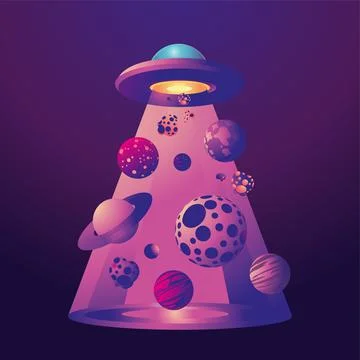 UFO with planets in the light. Space ship vector illustration. Galaxy travel 스톡 일러스트