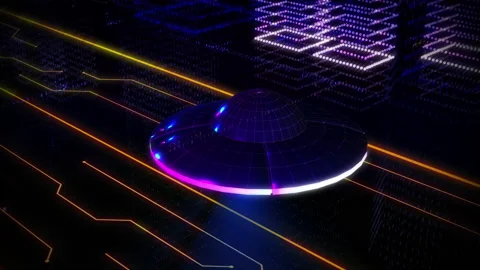 A UFO is Quickly Passing through the Virtual City inside of the Computer World 動画素材 155691220