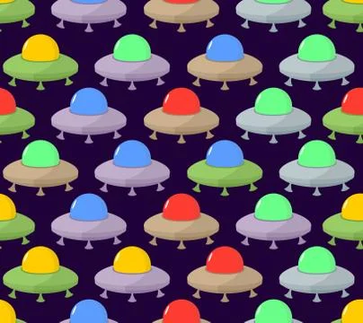 UFO seamless pattern. Color space Flying Saucer, Spaceship. Vector background Stock Illustration