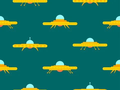 Ufo seamless pattern in flat style. Background with alien spaceships and sp.. Illustrazione stock