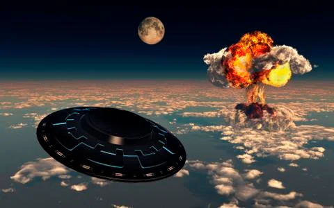 UFO sightings increased since the exploding of the first atomic bomb. Stock-Illustration