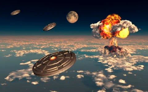 UFO sightings increased since the exploding of the first atomic bomb. Stock Illustration