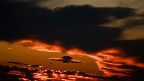 UFO in the sky against a dramatic sunset with dark clouds - 3D rendering of a Stock Photos