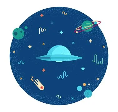 UFO soars in space among planets and stars Stock-Illustration