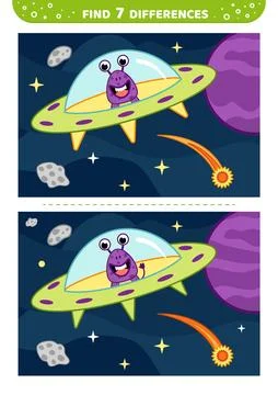 UFO in space. Find 7 differences. Space game. Flat, cartoon, vector Stock Illustration