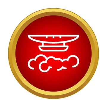 Ufo spaceship flying over clouds in red button art Stock Illustration