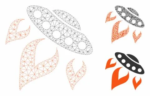 UFO Start Fire Vector Mesh 2D Model and Triangle Mosaic Icon Stock Illustration