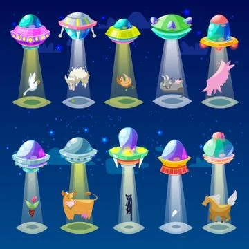 Ufo vector alien spaceship or spacecraft and spacy ship with animal character Stock Illustration