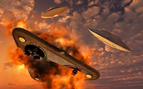 UFO's from different alien races fighting each other in the Earth's atmosphere. Illustration