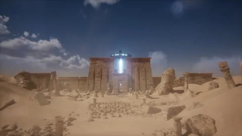 UFOs Hover Above Pharaonic Temple, Casting a Luminous Glow on Sacred Grounds Stock Footage 291531845