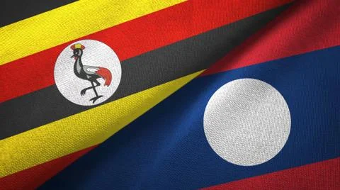 Uganda and Laos two flags textile cloth. Stock Illustration