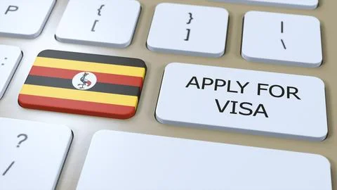 Uganda, Apply for Visa Concept. Button Push 3D Illustration. Visa Apply for Stock Illustration